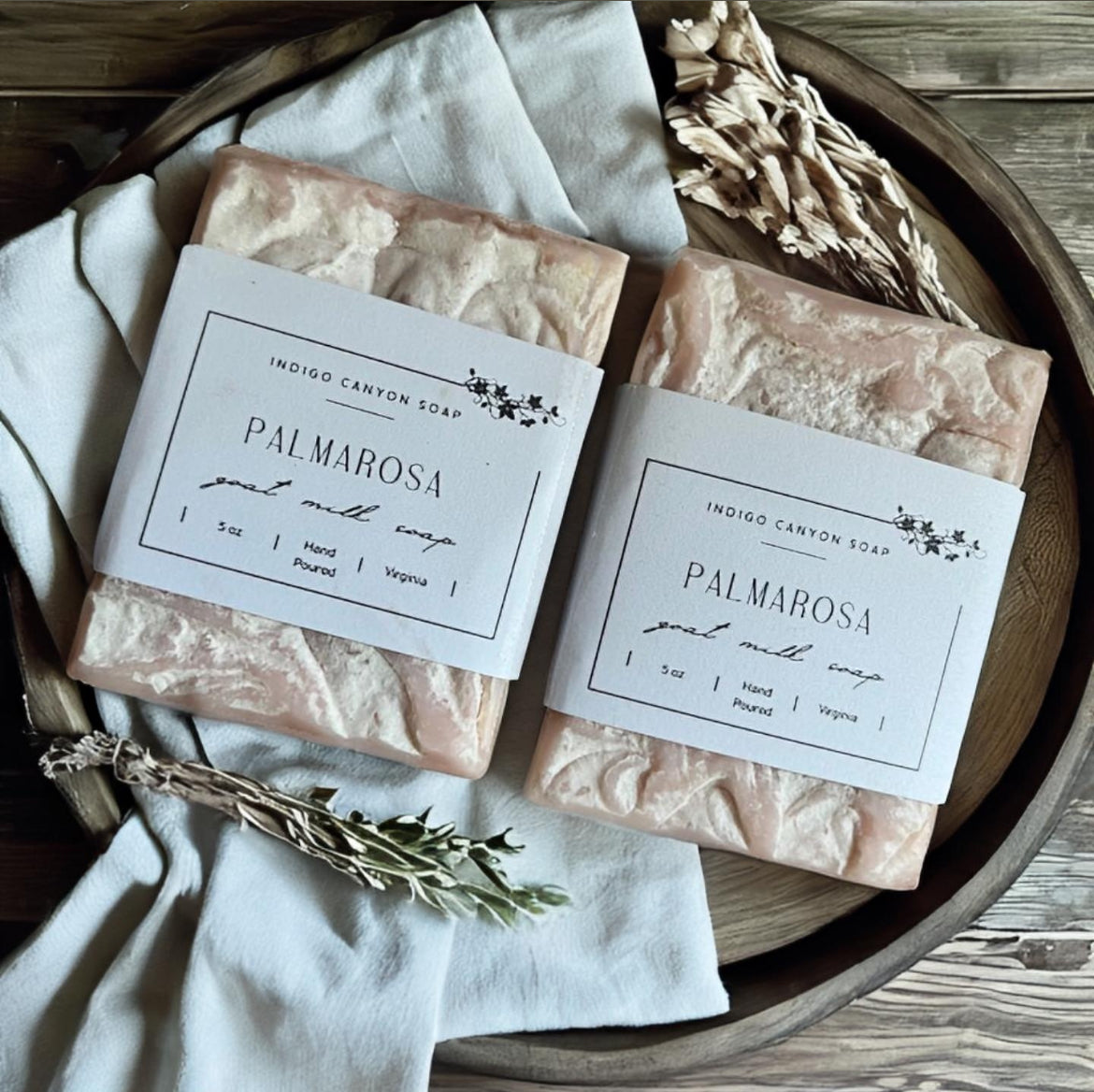 Blush Palmarosa Goat Milk soap in a tray.