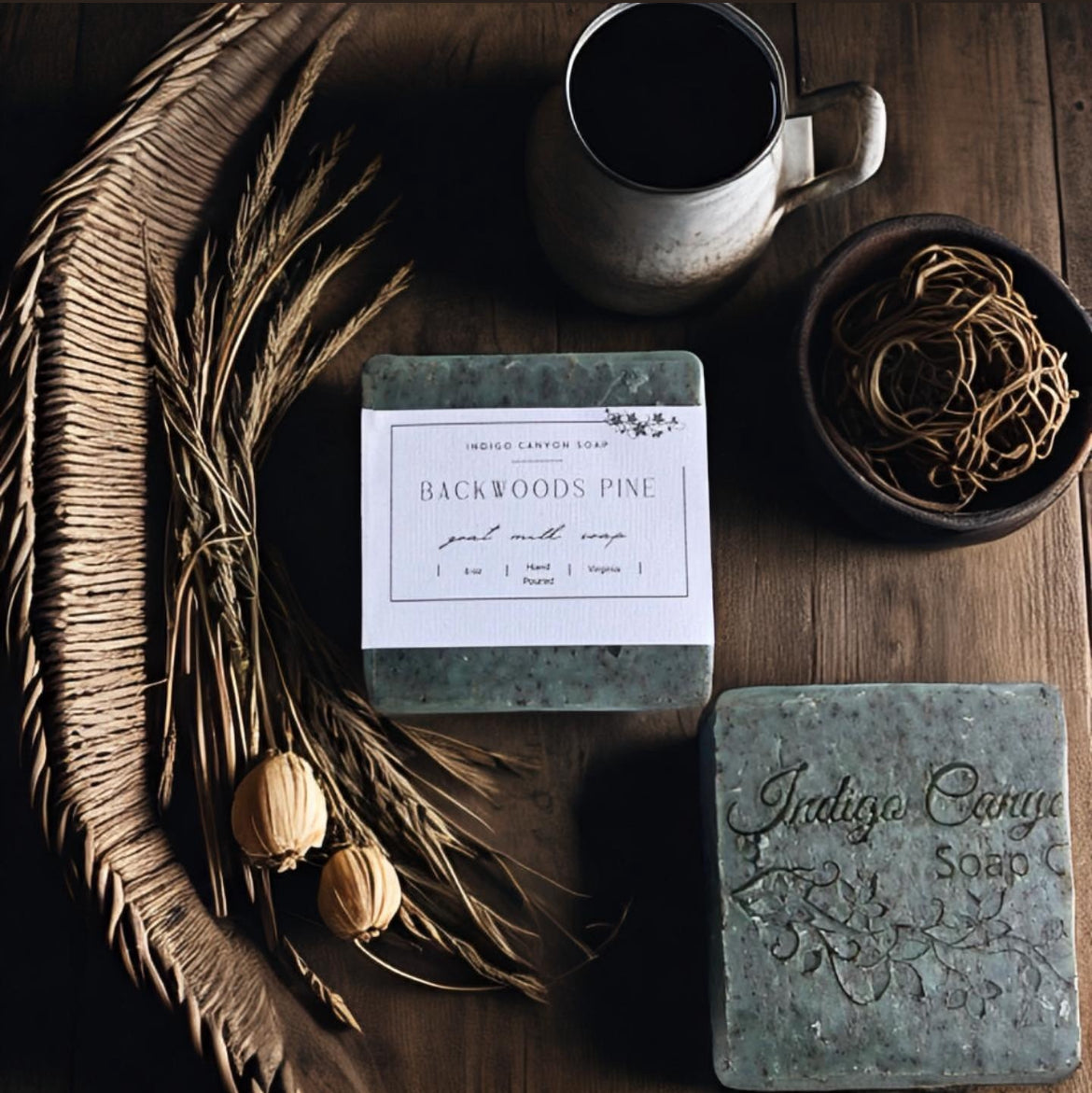 Backwoods Pine Handmade Artisan Soap on a rustic wooden tray.