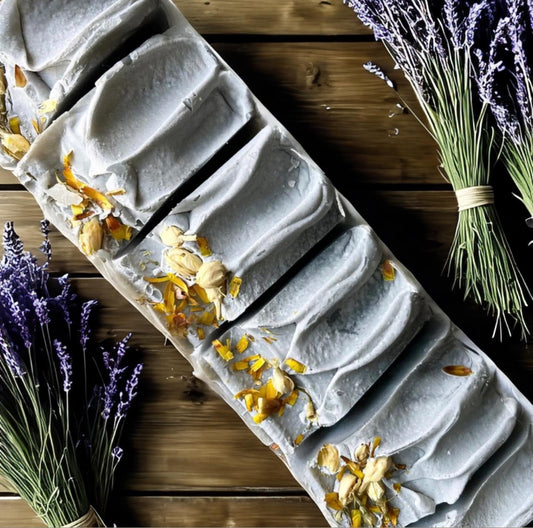 Lavender + Charcoal Natural Homemade Goats Milk Soap top view